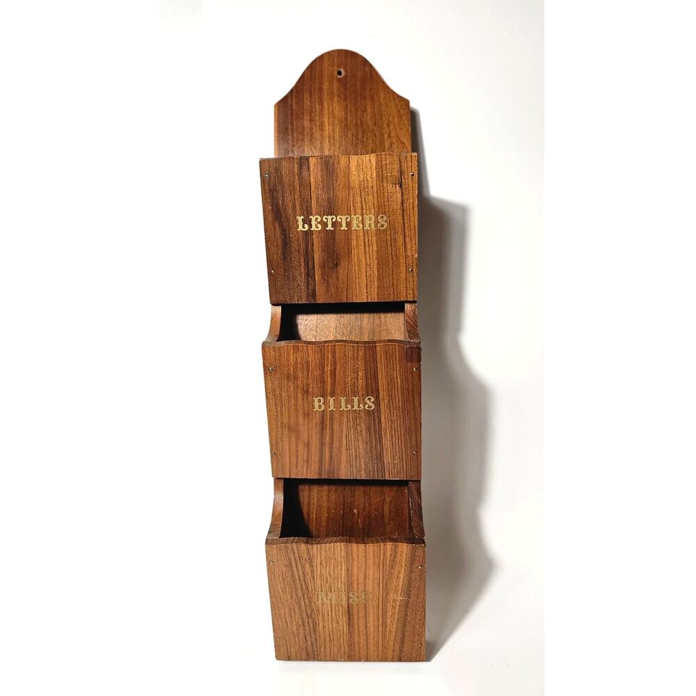 Vintage 1970s Wood Wall Mail Sorter — Letters Bills Mail Organizer, 3 Tier